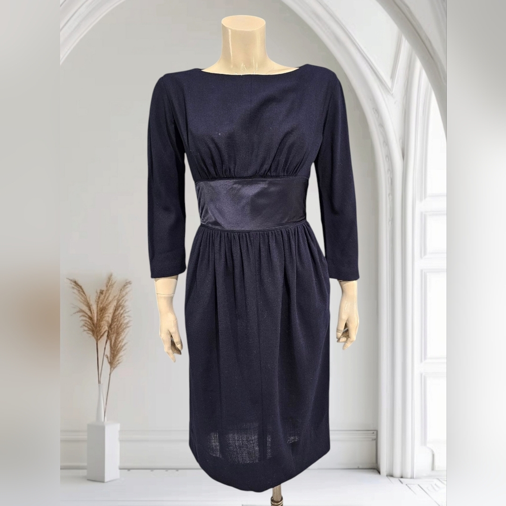 Vtg 60s FORSTMANN Wool Navy Bow Back Sheath Dress Conmatic Zipper M